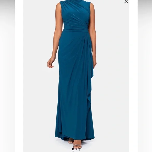 Betsy & Adam Teal Sleeveless Draped Maxi Gown - Picture 5 of 9
